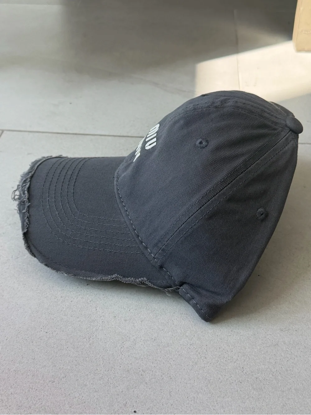 Designer Dark Gray Distressed White Logo Baseball Cap Adjustable Cotton Hat NWT